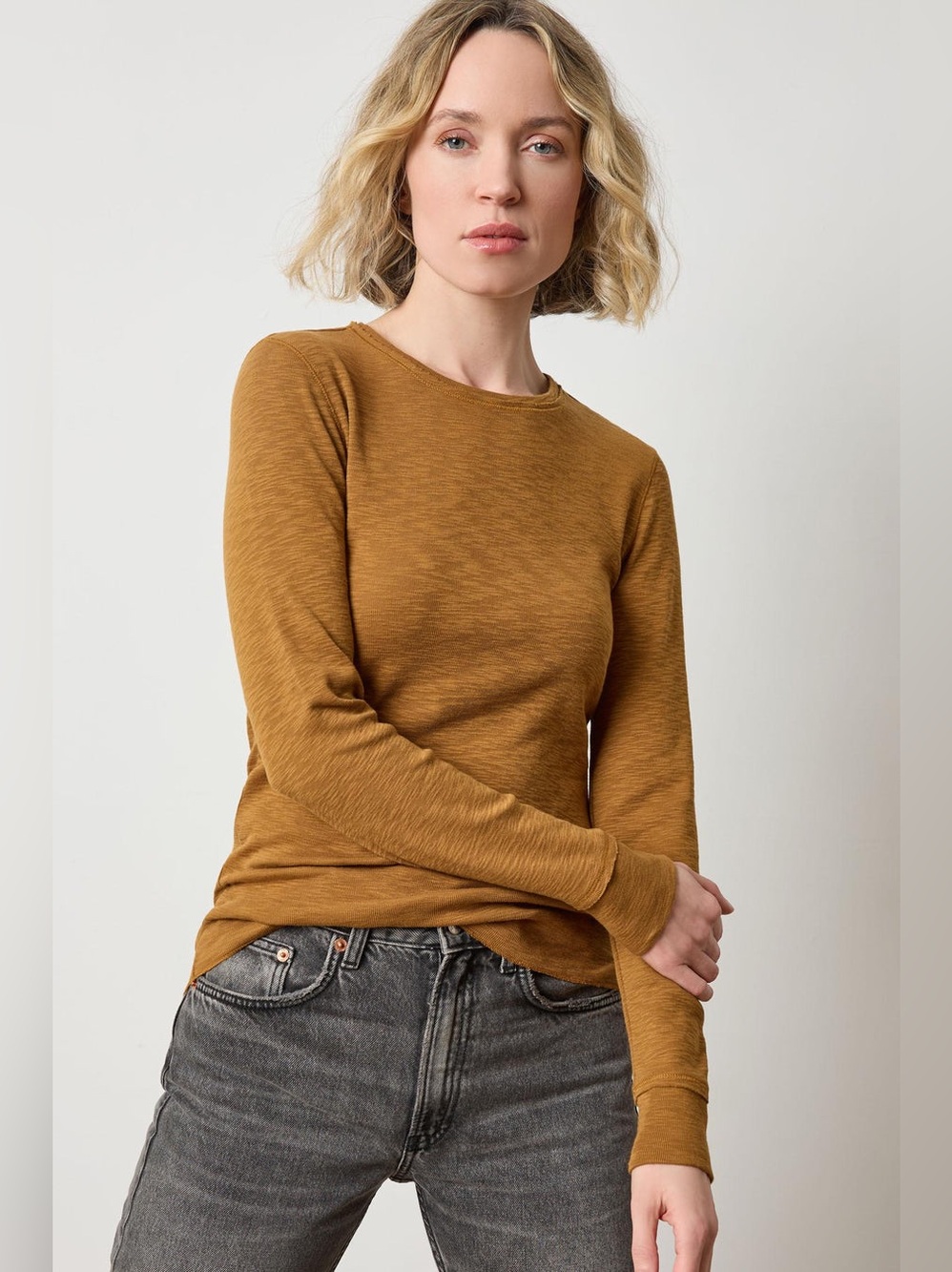 Lilla P Rib Slub Long Sleeve Crew Neck Top in Dijon. Size small.